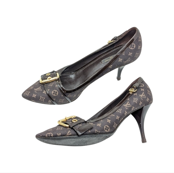 FLAWED READ Louis Vuitton Brown Mini Lin Signature Monogram Pumps 39.5 - Picture 1 of 16